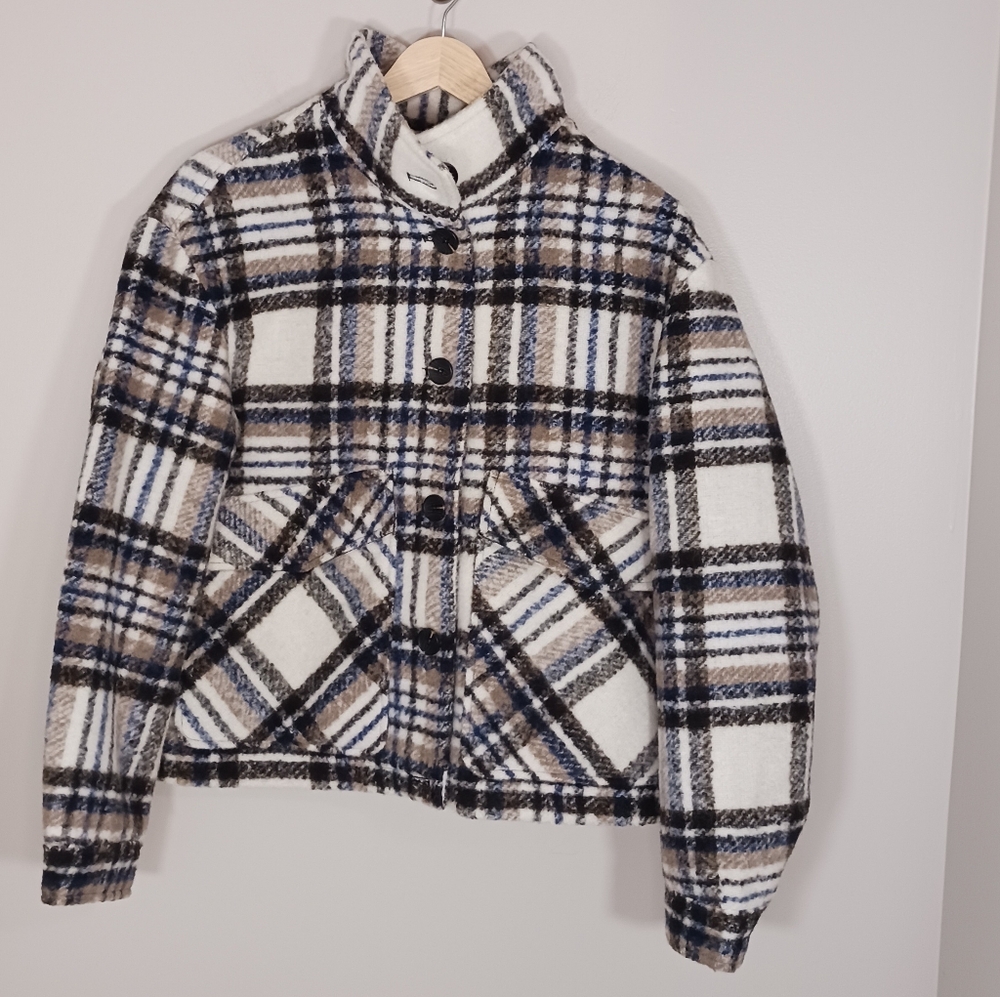 Avec Les Filles Plaid Cozy Oversized Lined Winter Short Peacoat Women's Size S